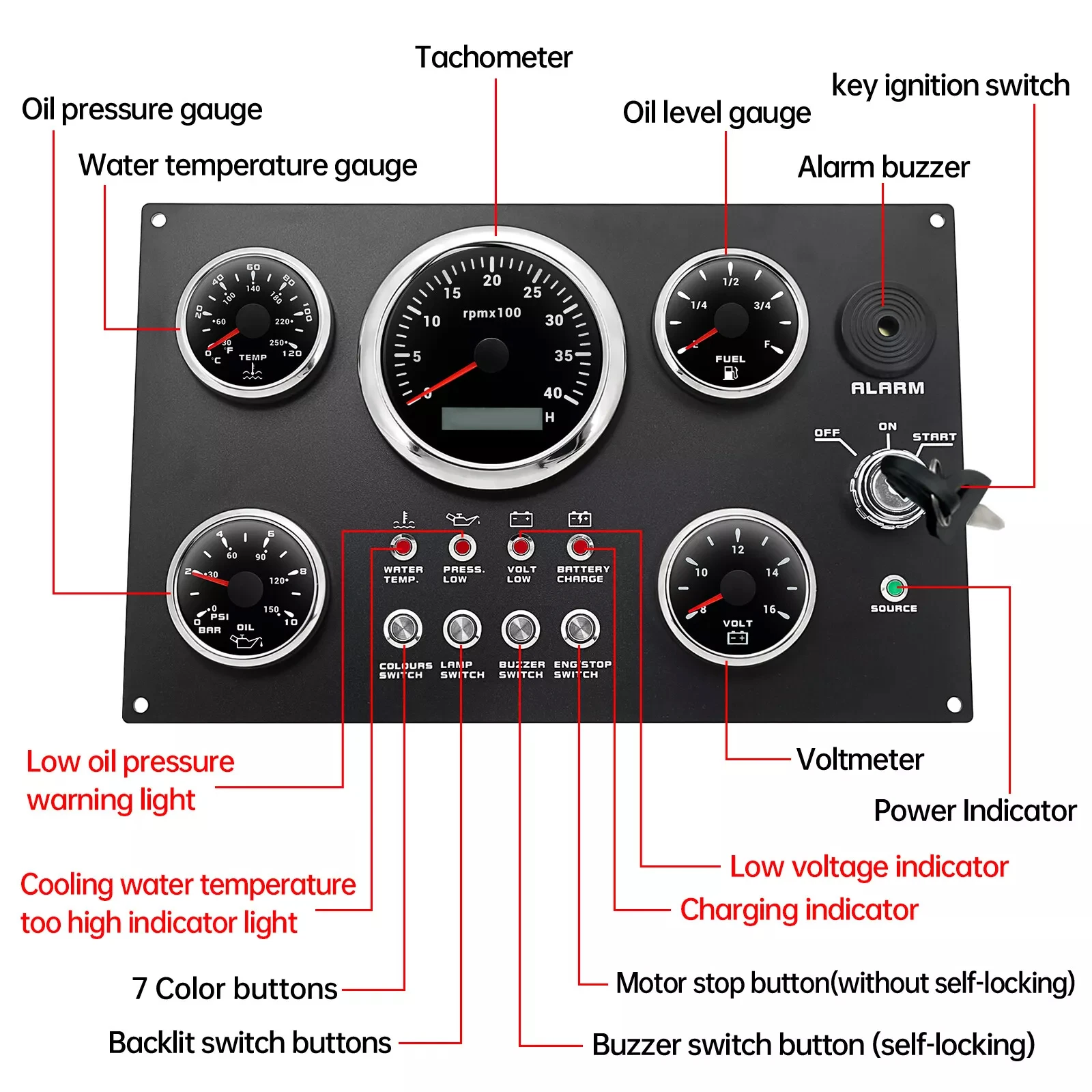 190mm 300mm 12V/24V OEM Gauge Set Combination Panel Instrument for Inboard Cars & Ships with Water Temp Oil Pressure