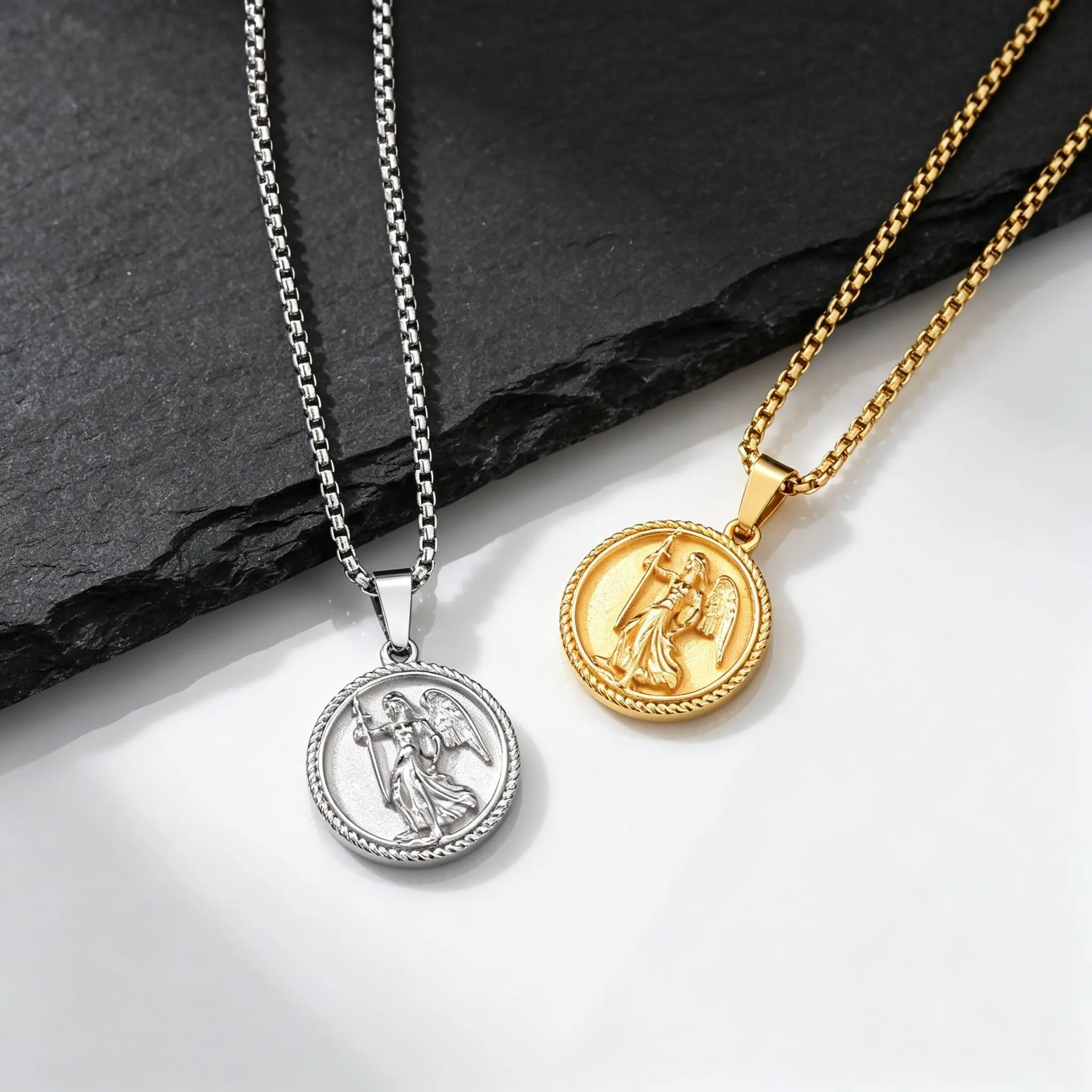 Saint Michael Archangel Pendant Necklace for Men,Stainless Steel Round Medal Neckalce,Religious Amulet Jewelry Gift
