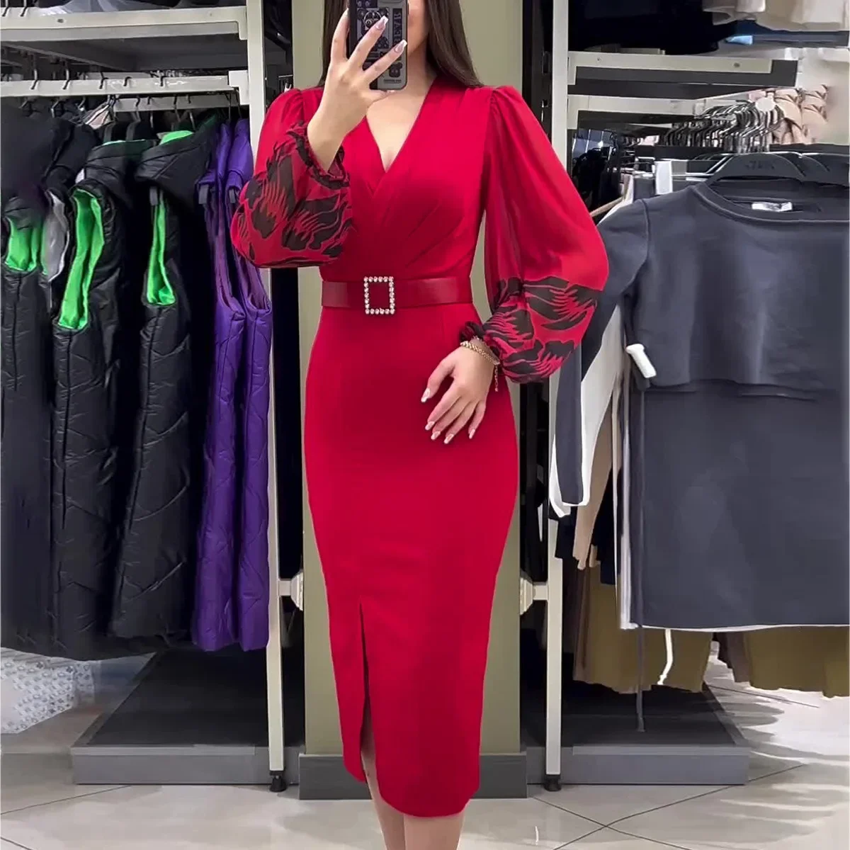 

Women Party Dress Sexy Mid Length Dresses Red Bodycon High Waist Belt Elegant Splice V Neck Puff Sleeve Print Sexy Vestidos