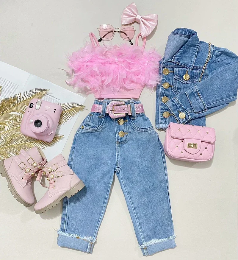 Autumn Kid\'s Clothing Set 1-5 Y Girls\' Solid Color Camisole Jeans 2PCS Suit Children\'s  Vest Denim Pants Outfit