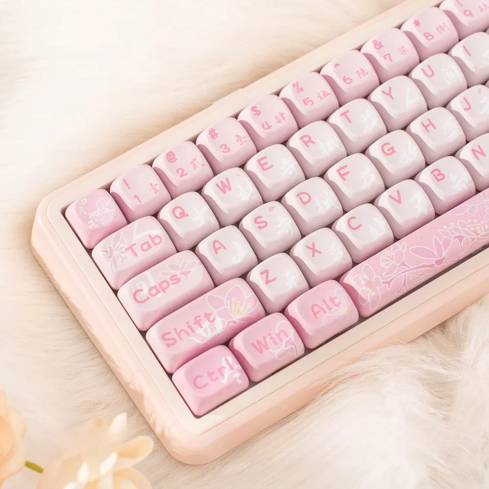 Pink MOA Key Cap Set PBT 131 Key Cherry Blossom Theme for 60/64/84/98/108 Mechanical Keyboard Accessories