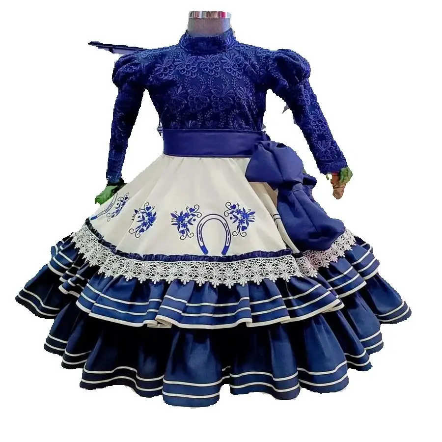 Luxury Mexican Flower Girls Dress A Line Long Sleeve Lace Navy Birthday Dress Mariachi Kid Embroidery Pageant Party Customized