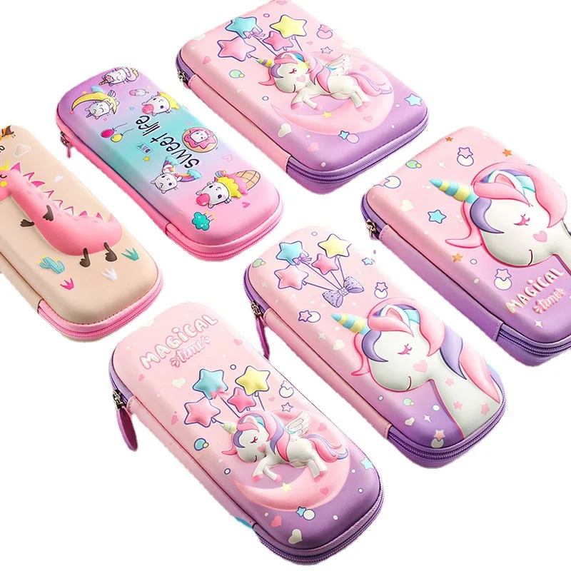 3D Relief Pen Bag Box Lovely Pink Unicorn Stationery Case School Supplies Ruler Organizer Gift Eraser Holder Stars Cat Pouch