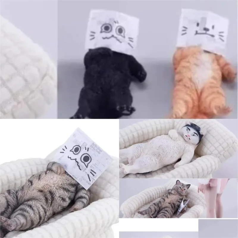

【2026 Q1】1/6 Scale Resin Animal Model Waste Cat with Sofa Newspaper Simulated Pet Desktop Scene Ornament
