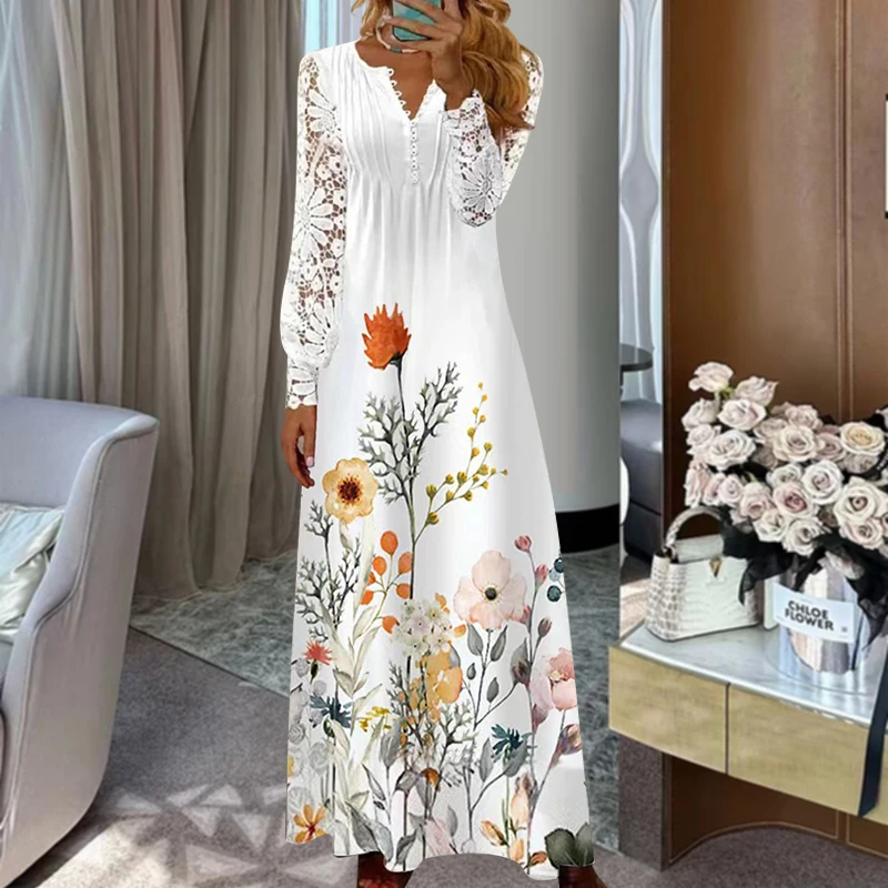 ربيع المرأة الدانتيل زر فضفاض بوهو خمر الكشكشة فساتين Befree الصيف أنيقة حفلة كبيرة كبيرة الصيف فستان ماكسي للحفلات