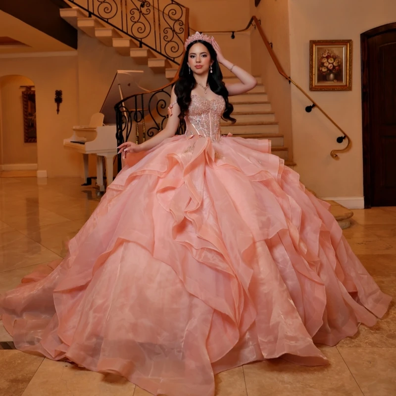 

Pink Shiny Ball Gown Quinceanera Dresses Applique Lace Beading Crystal Tiered Tull Corset Off Shoulder Sweet 16 Dress vestidos