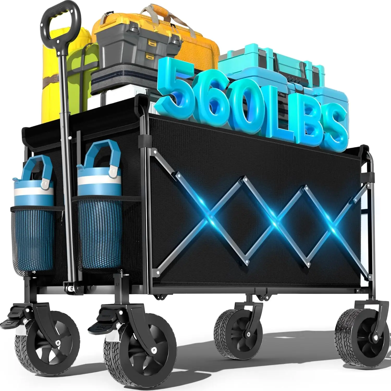 Black Foldable Beach Wagon with Brakes, Suitable for Trips, Camping, Sports & Garden, 560LBS Capacity, All-Terrain Wheels