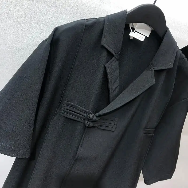 Summer Designer Trendy Men's Dark Irregular Retro Button Short Sleeve Shirt Personal Leisure Solid Color Top