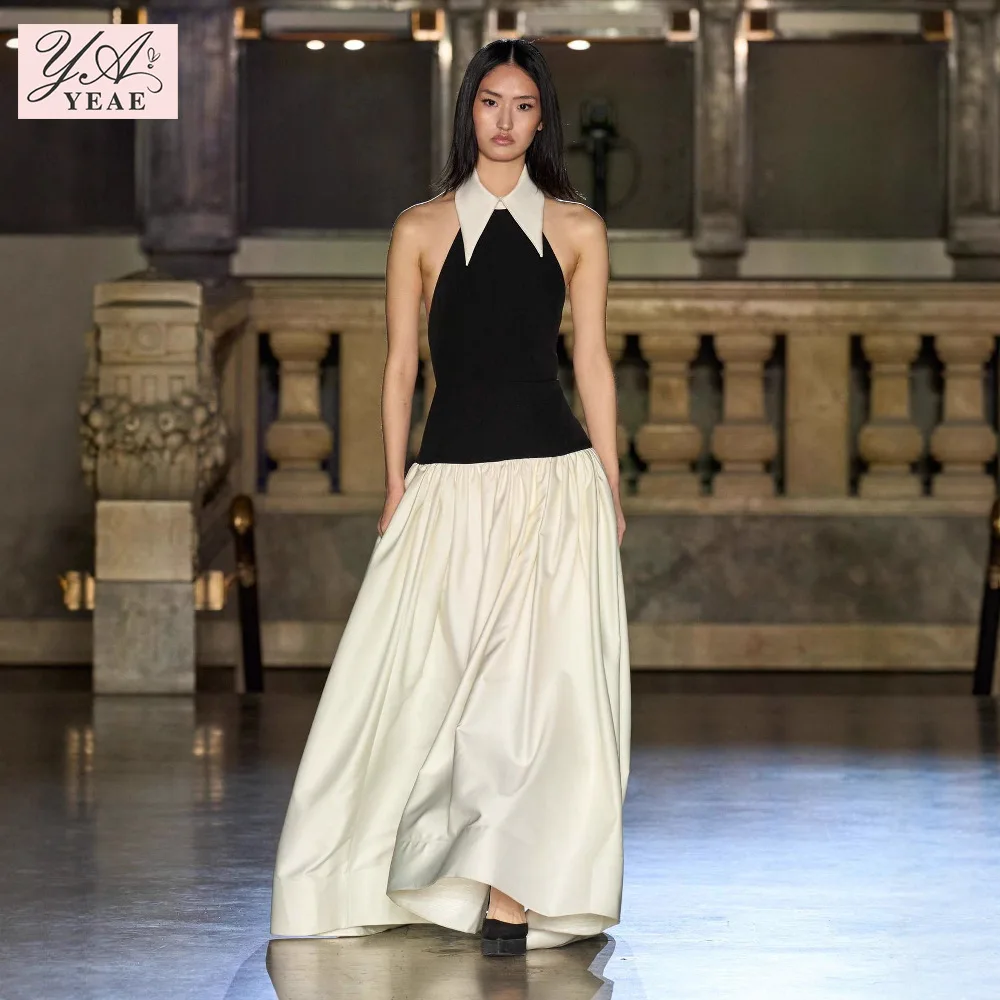 

2025 Women's Halter Neck Dress Contrast Color Sleeveless French Elegant Slim Long Gown Summer Wedding Party