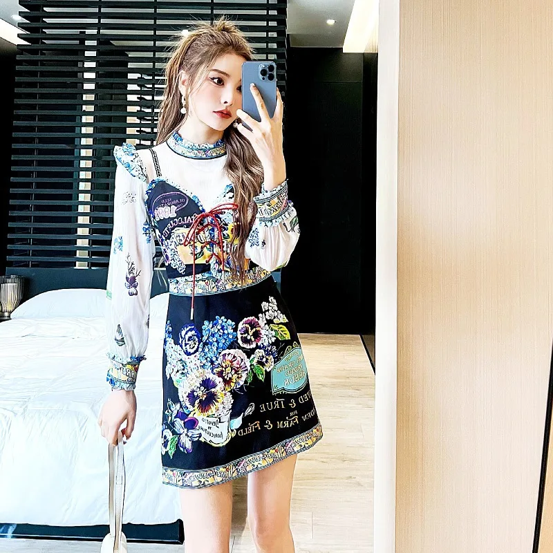 French Elegant Print Skirt Dress For Women Long Sleeve Cute Summer New Fashion Clothes Female Slim High-end Dresses Mujer Robe