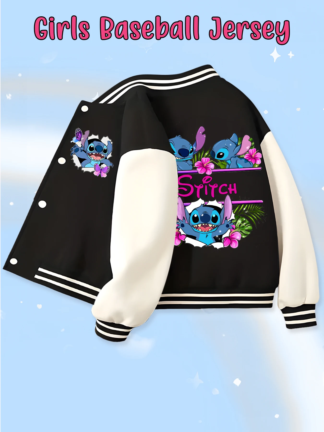 Disney fashion trend baseball jacket, suitable for daily sports and casual wear, printed with cute Stitch pattern, nice gift.