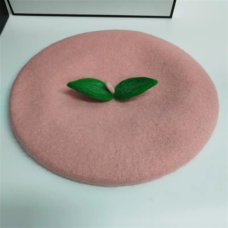 Women Cute Green Leaves Wool Berets Autumn Winter Cap Punk Handmade Fruit Kawaii Fresh Warm Beret Hat