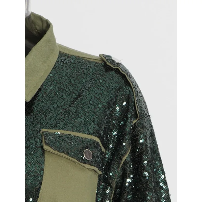 Veste patchwork à paillettes pour femme, manteau vintage, revers à manches longues, simple boutonnage, veste patchwork personnalisée, automne 2024, nouveau