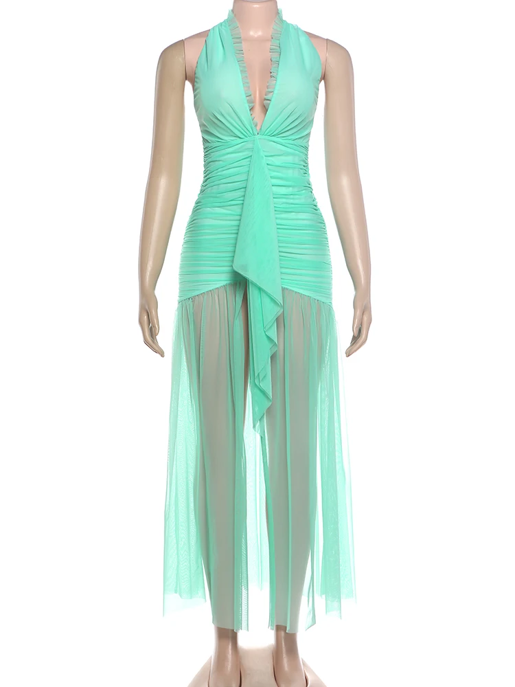 Weird Puss Elegantes Rückenfreies Kleid für Damen mit Tiefem V-Ausschnitt, Neckholder, Gerafftem Rock, Schlitz, Mesh-Patchwork, Sexy Party-Club-Kleid mit Pfirsichfarbenem Po-Effekt – Detail 4