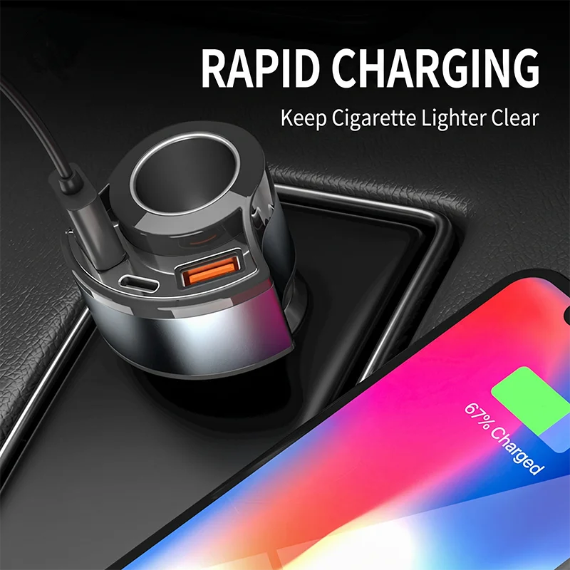 Fast Charging Multi Port Vehicle Power Adapter Car Charger with Cigarette Lighter Splitter Socket Type C Dual USB A  For iPhone view 3