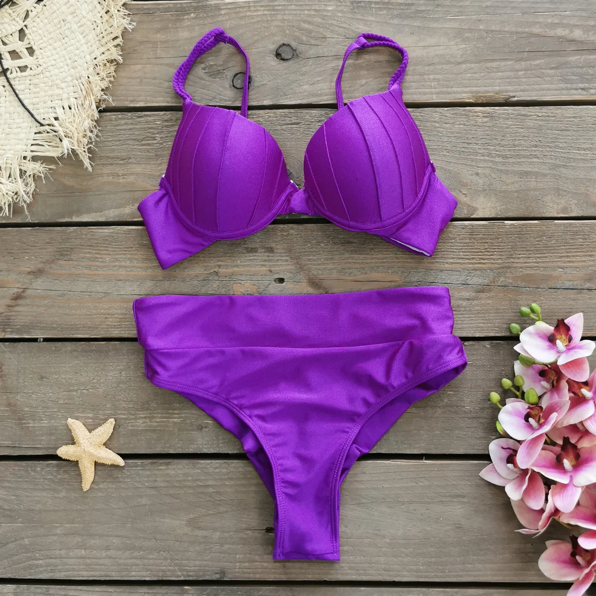 New Summer Bikinis Sets Solid Padded Women Swimwear Vintage Push Up Female Swimsuit High Waist Biquini Bathing Suit