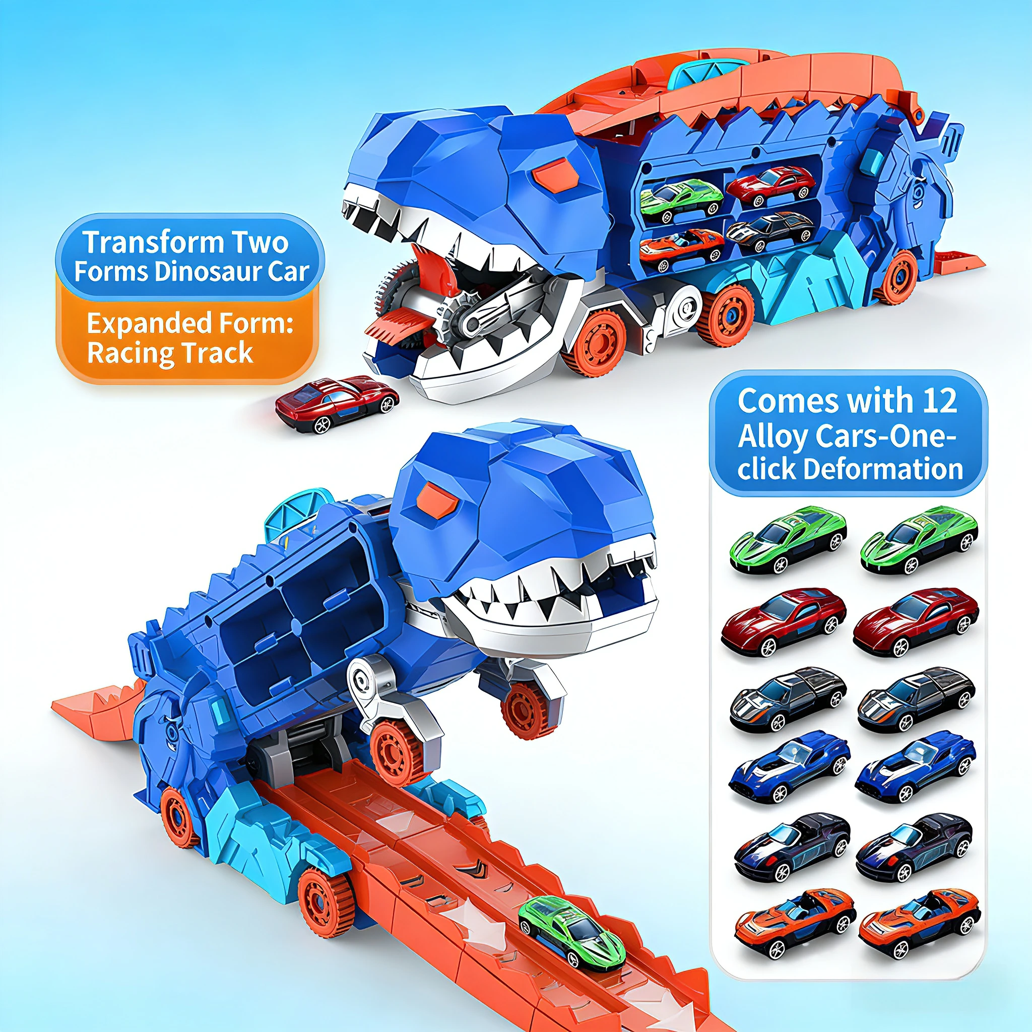 

The cute Tyrannosaurus rex chews on a metal alloy car model. It's a two-in-one dinosaur storage truck,Boy child gift.