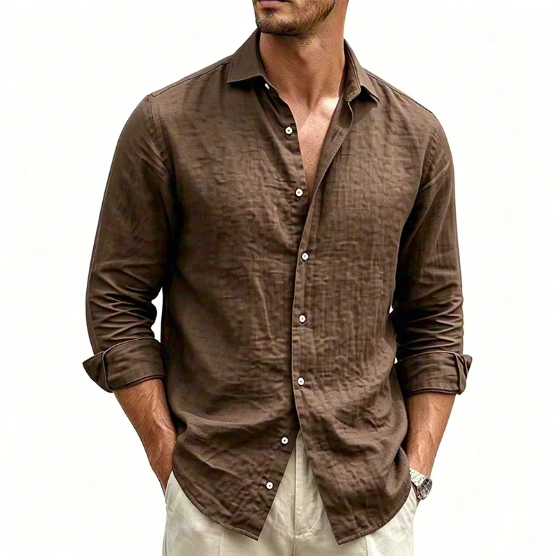 2026 Summer Men's Long Sleeve Casual Shirts Cotton Linen Breathable Solid Shirt Male Lightweight Turn Down Collar Blouseloose