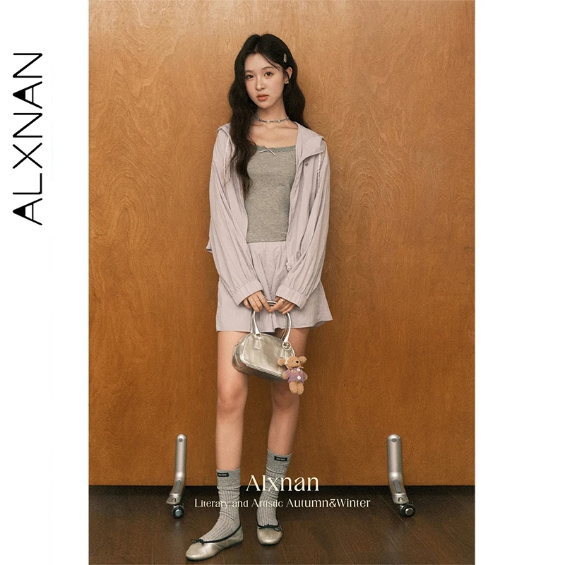 ALXNAN สีม่วงเสื้อฮู้ดสั้นซิปสายรัดหลวมเสื้อ 2025 ฤดูใบไม้ร่วงบางสบายๆเสื้อแขนยาวหญิง L56706