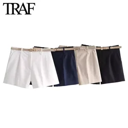 TRAF Women Fashion Summer New Solid Color Belt Casual Pant High Waisted A Line Shorts Chic Female White Casual Wide Leg Pants