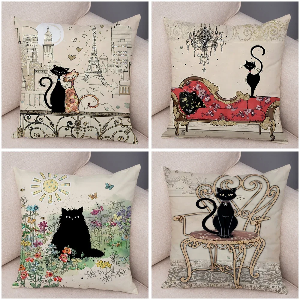 Double Print Cute Elegant Black Cat Cushion Cover Decor Cartoon Animal Pillow Case for Sofa Home Car Soft Plush Throw Pillowcase