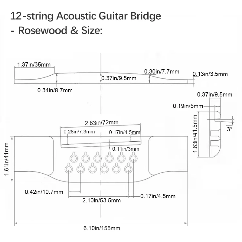 Stegset aus Palisander für Akustikgitarre mit Stiften, Mutter und Sattel, obere untere Saitenkissen für Folk-/Klassiker-/Uku-Gitarrenzubehör – Detail 15