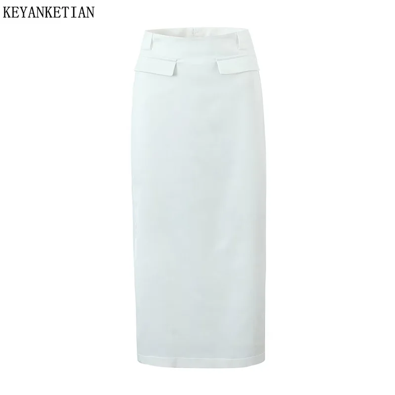 

KEYANKETIAN 2024 New Launch Women's Solid color MIDI Skirt Zipper High waist Flap Pockets Back Split Slim Satin A-line Skirt