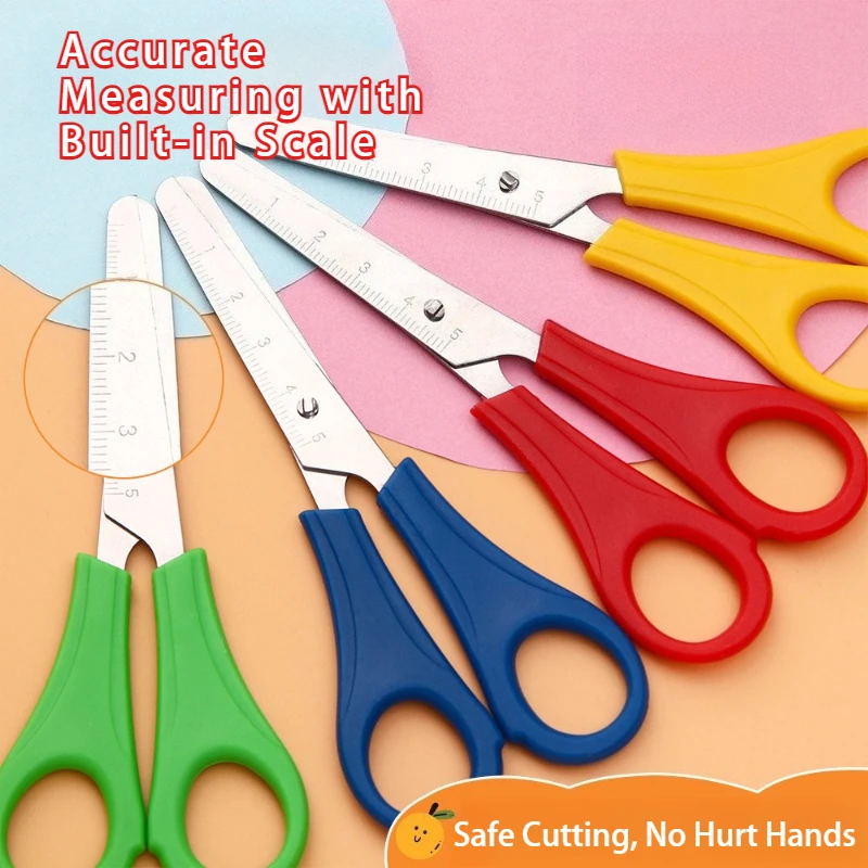 

4PCS Plastic Safety Scissors with Measuring Scale Ruler Round Tip DIY Craft Paper Cutting Portable Small Scissors for HomeOffice
