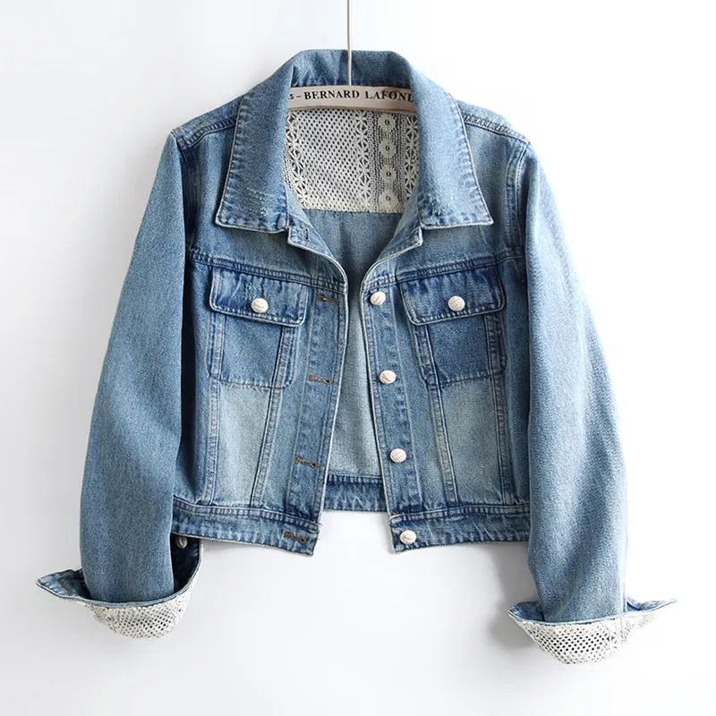

Корейская модная джинсовая куртка с кружевными вставками, светло-голубая, укороченная, женская, осенняя, с отложным воротником, с длинными рукавами, джинсовая куртка-пальто