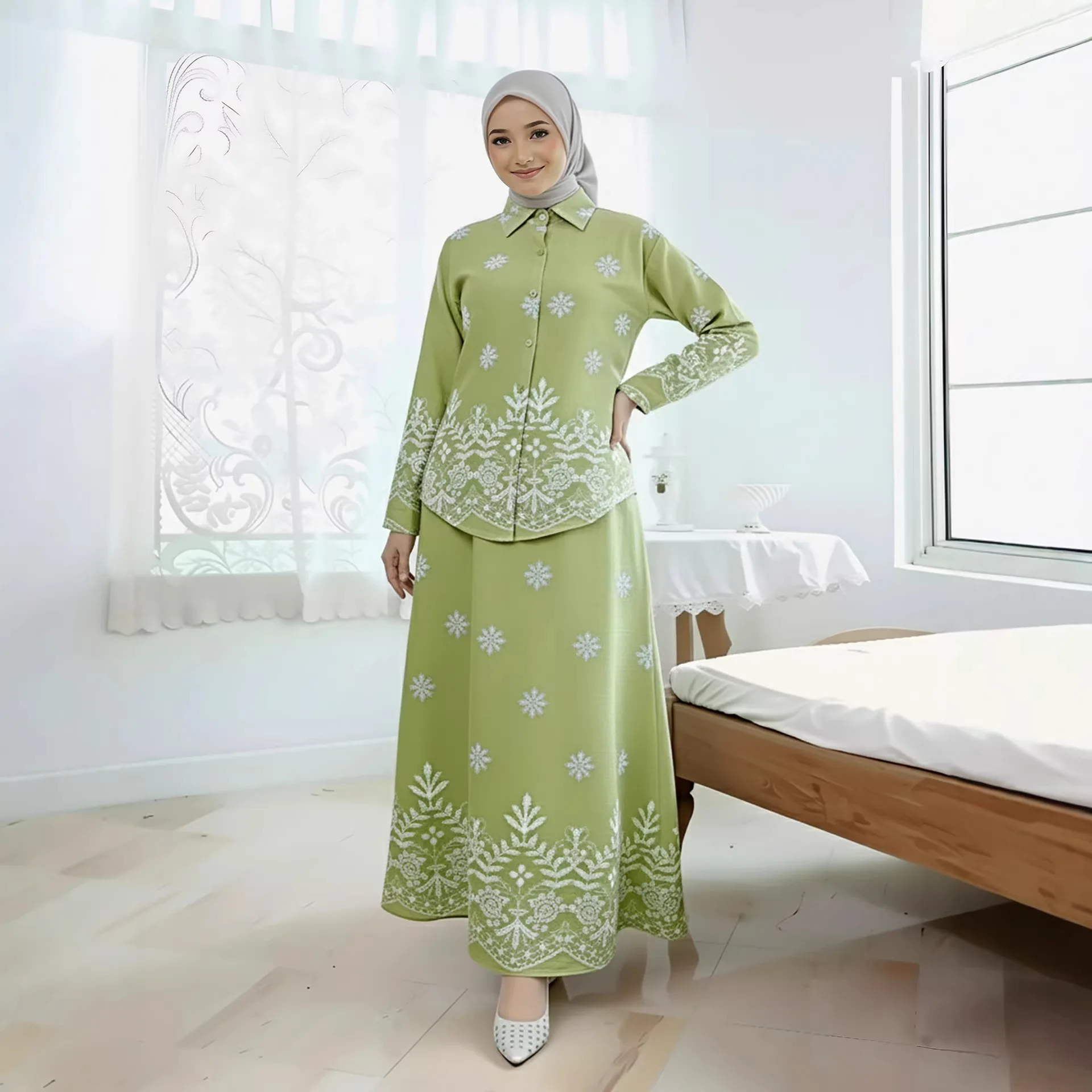 Conjunto de dos piezas bordado modesto para mujer musulmana, camisa, falda oscilante, traje de Dubái Abaya, ropa islámica Eid modesta, trajes de fiesta