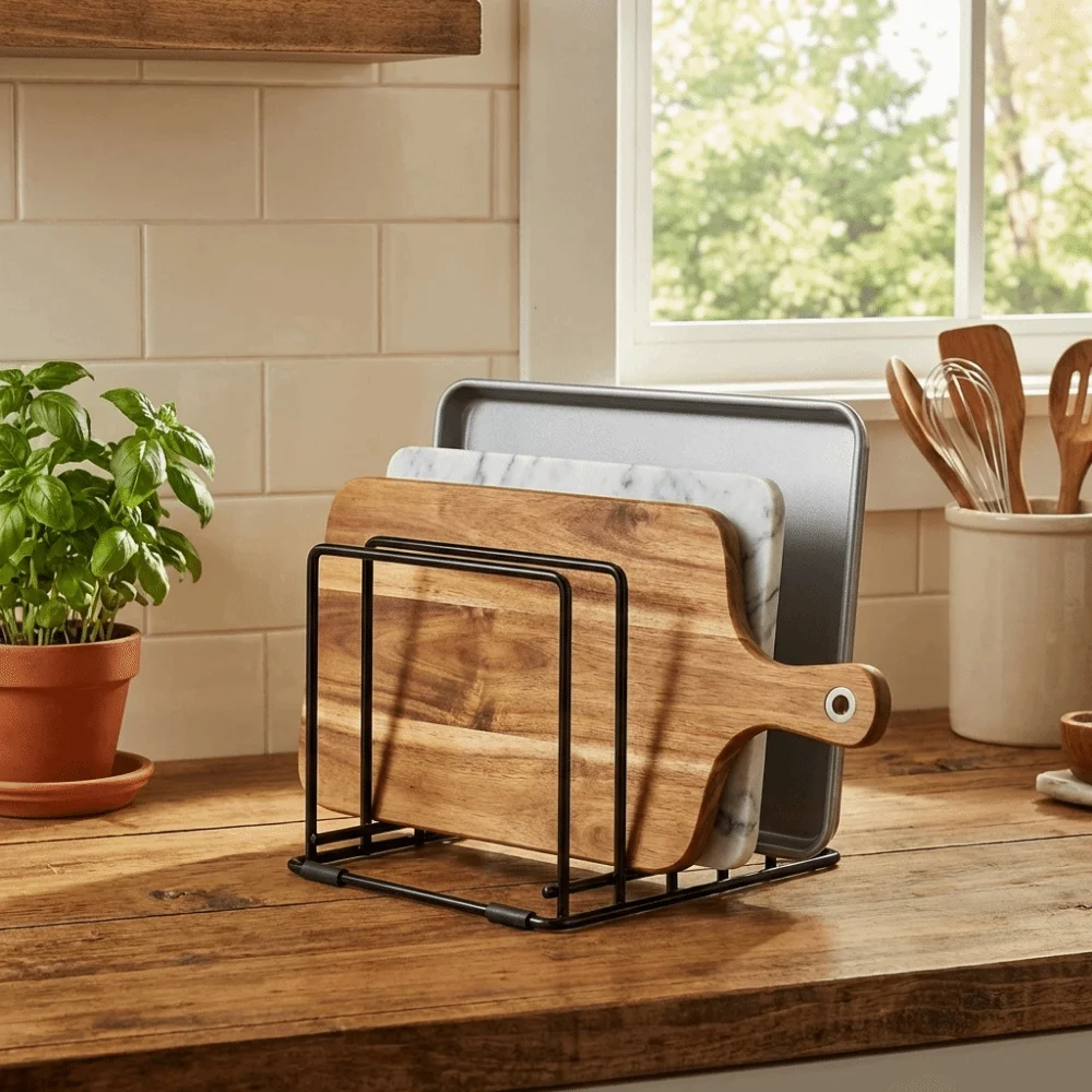 

Iron 5 Slots Divided Rack Rust-Resistant Heavy Duty Pan Storage Rack Space Saving with Anti-Slip Feet Cookware Holder Pantry