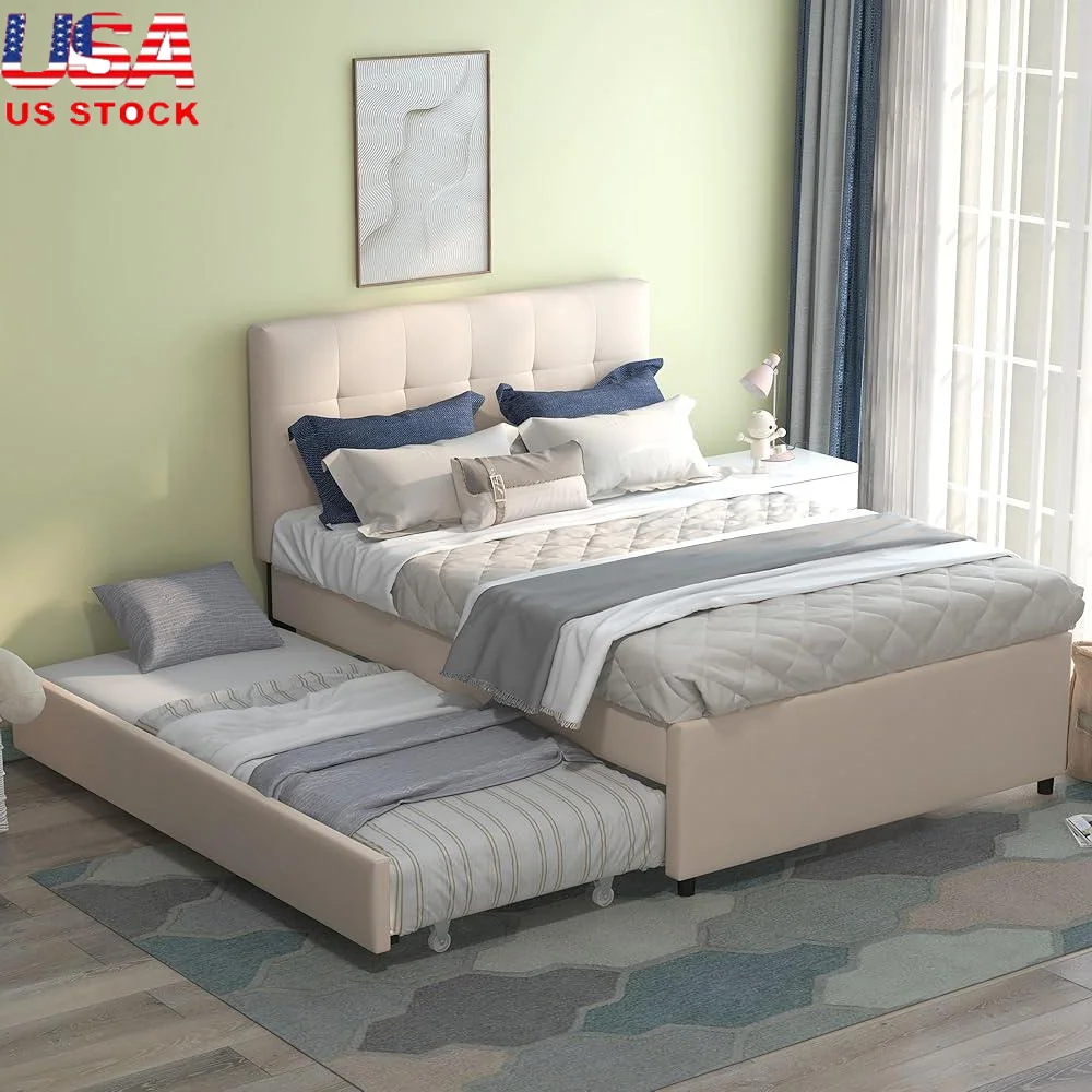 

Full Bed Frame with Twin Trundle Upholstered Platform Bed Soft Linen Headboard Wooden Slat Support Easy Assembly Sleeping Space