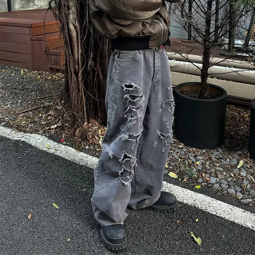 Harajuku Double Layer Distressed Baggy Jeans for Men Wide Leg Streetwear Ripped Hole Loose Denim Trousers Oversized Cargos