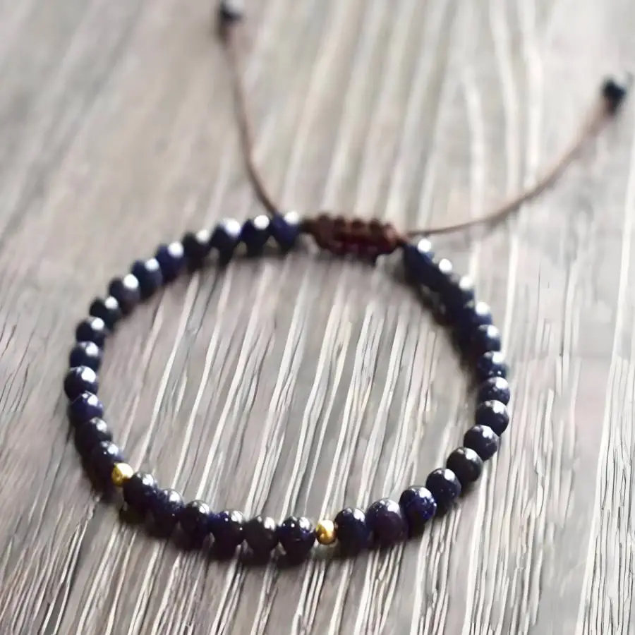 

Natural Blue Sandstone Beaded Bracelet with Gold Spacers Adjustable Brown Cord Boho Jewelry for Men Women