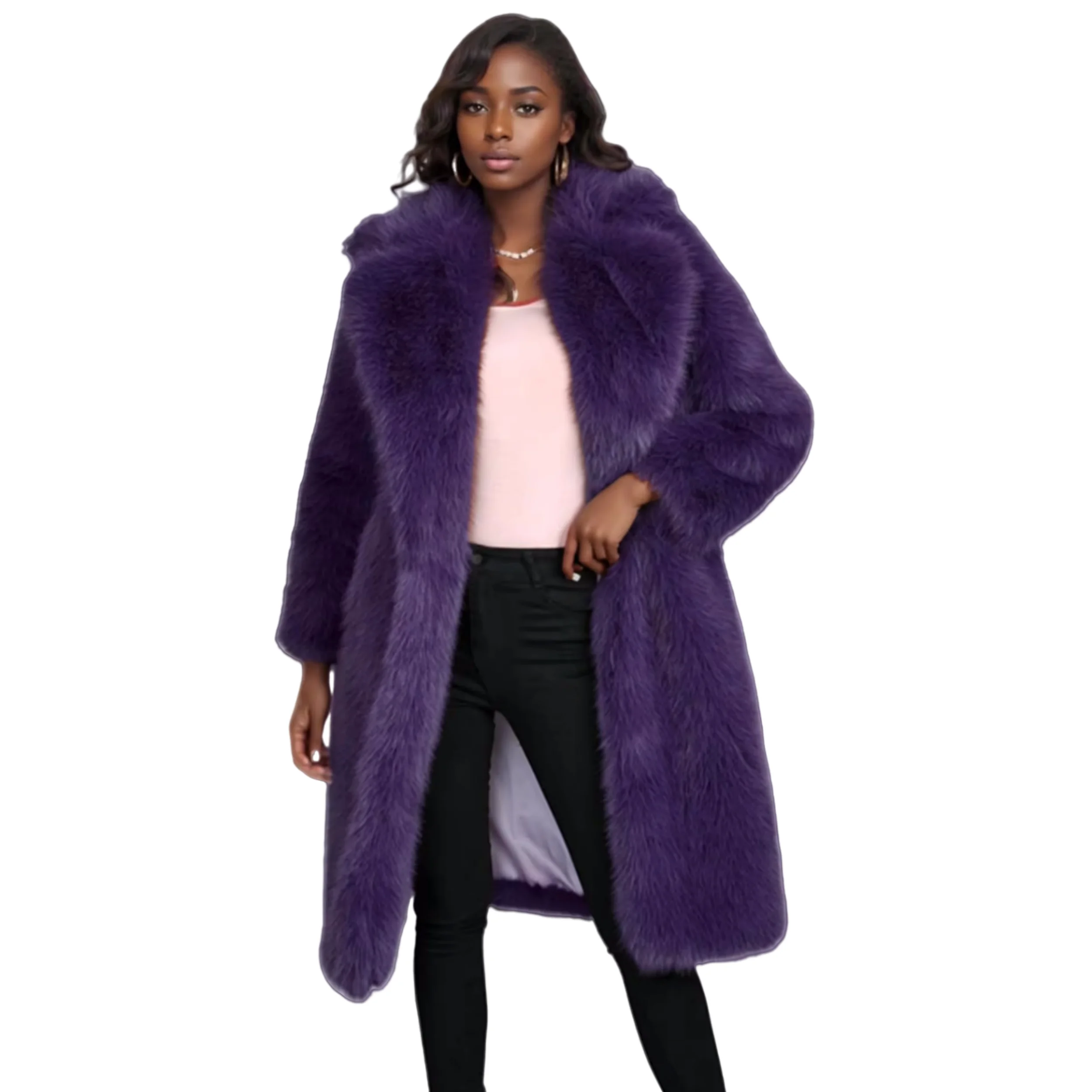 Women's Knee Length Faux Fur Coat Warm Soft Fur Overcoat Outwear Jacket