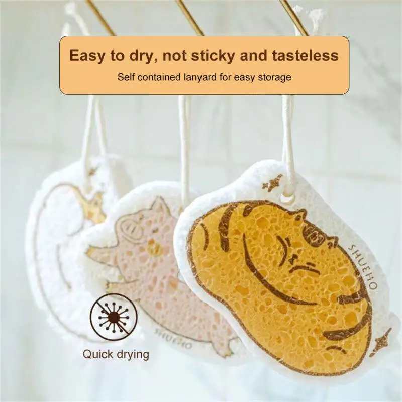 1/2PCS Sponge Wipe Wood Pulp Dishwashing Brush Non-stick Oil Kitchen Compression Cartoon Dishwashing Water Absorb Becomes Larger