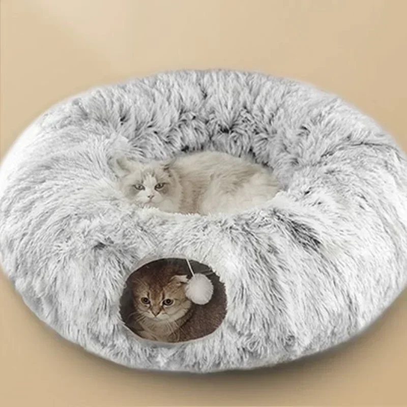 

【OIMG】Plush Cat Bed with Tunnel for Indoor Cats Multifunctional Cat Tunnel Bed with Peephole Fluffy Donut Cat Bed with Tunnel