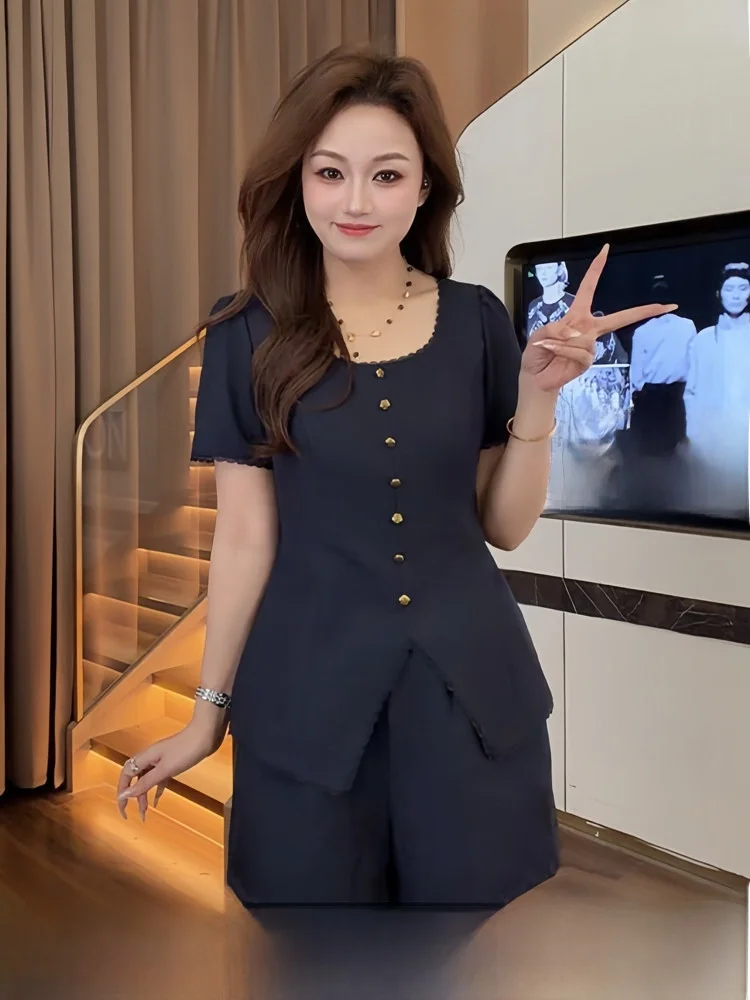 

Summer Fashion plus Size Women's Lace Short Sleeve High Waist Shorts Set Sweet Countryside Style Loose Fit Polyester Fiber