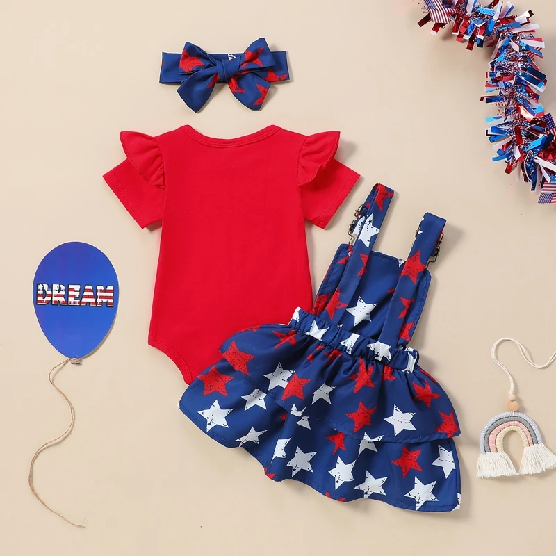 

Baby Girls Independence Day Sets Short Sleeve Ruffle Romper Stars Print Suspender Skirt Headband Sets