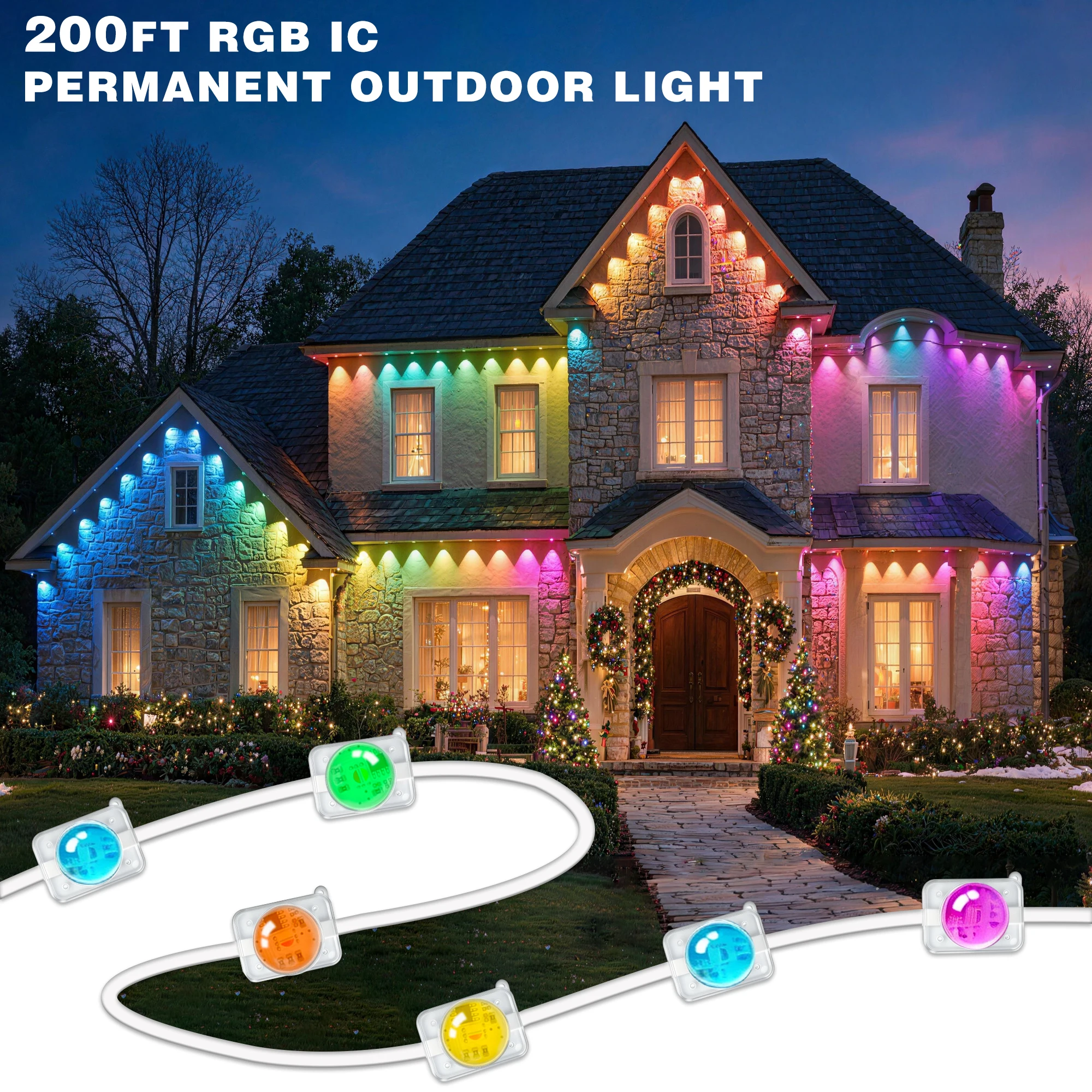 Permanent Outdoor Light RGBIC 200ft, Lights -Gradient Color Changing Eave Lights Waterproof App/Remenes, Perfectote Control, Music Sync & DIY Sc for Christmas, Halloween, Party & Daily Decor, for House Roof