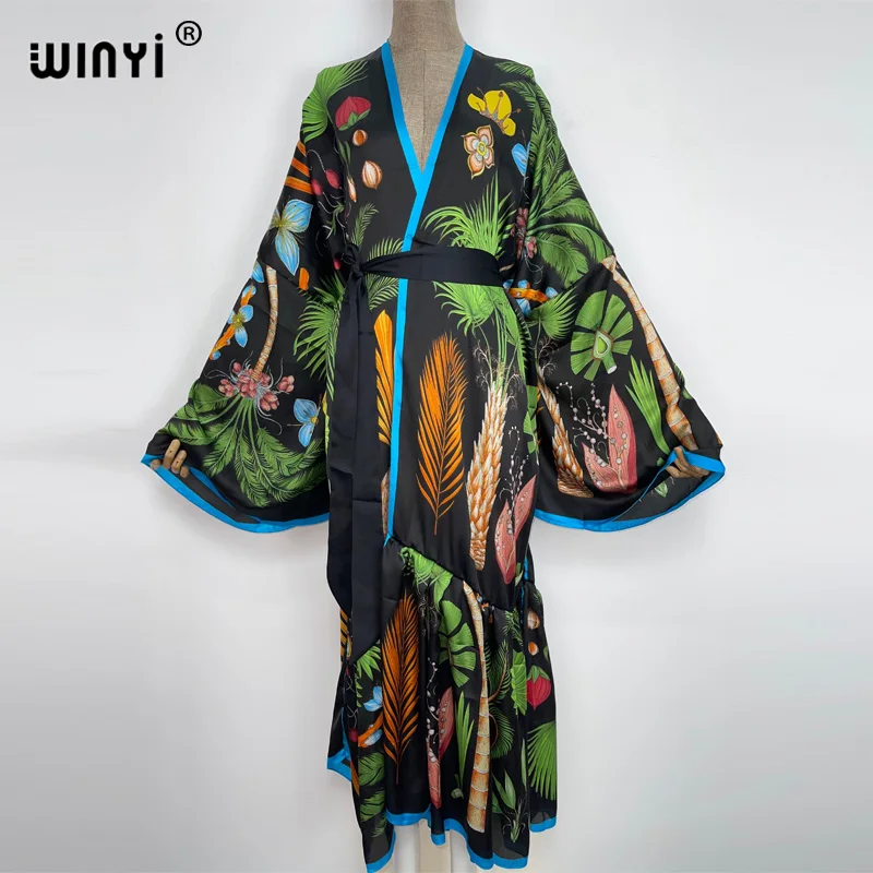 WINYI Bikini Cover-ups Black Retro Fashion printing Self Belted Women Summer Clothing Kimono Dress Beach Wear Swim Suit Cover Up