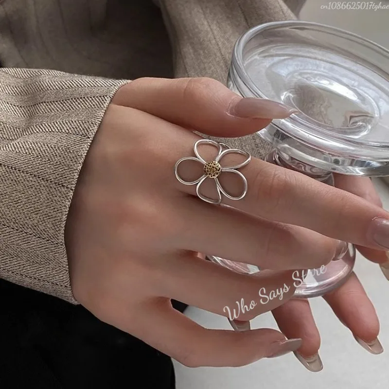 Sterling Silver Rings for Women Couple Minimalist Handmade Simple Big Flower Ring Party Jewelry Gift Prevent Allergy