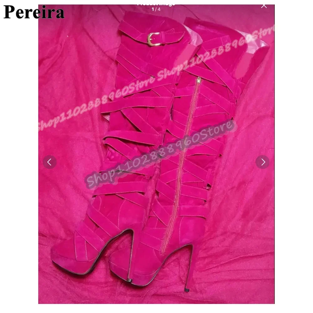 

Over The Knee Rose Red Flock Cross Strap Boots Stilettos High Heel Shoes For Women Side Zipper Pointed Toe Trending Women Boots