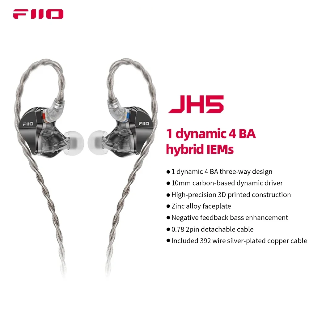 

FiiO/JadeAudio JH5 1DD+4BA Hybrid 5 Drivers HiFi in-Ear Earphone, Detachable 0.78mm 2 Pin Cable 3.5mm Plug for IOS/Android