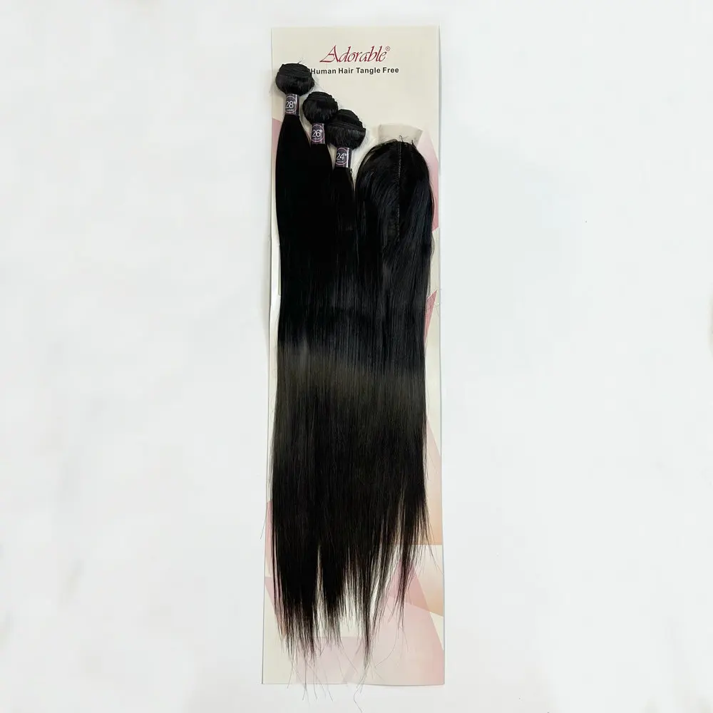 Full Pack Silk Straight Blend Hair With Silk Base Closure,Protein Hair mixed Heat Resistant Fiber Synthetic Remy Straight 3PCS