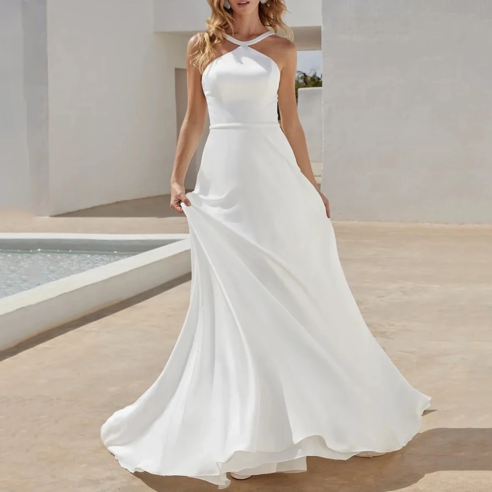 

O-Neck Straps Sleeveless Wedding Dress Sexy Open Back A-Line Floor Length with Buttons and Belt Bridal Custom Made Marriage Gown