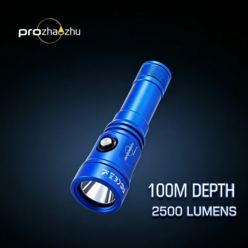 PROZHAOZHU DL-B50-PLUS Blue USB-C Diving Flashlight 2500 Lumen IP68 Water-Resistant 100M Deep Underwater Scuba Dive Light