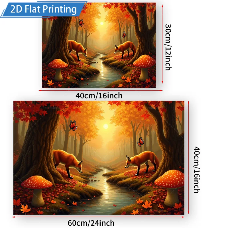 قطعة واحدة من نسيج الجدار لثعالب غابة الخريف - مشهد الطبيعة مع الفطر والفراشات