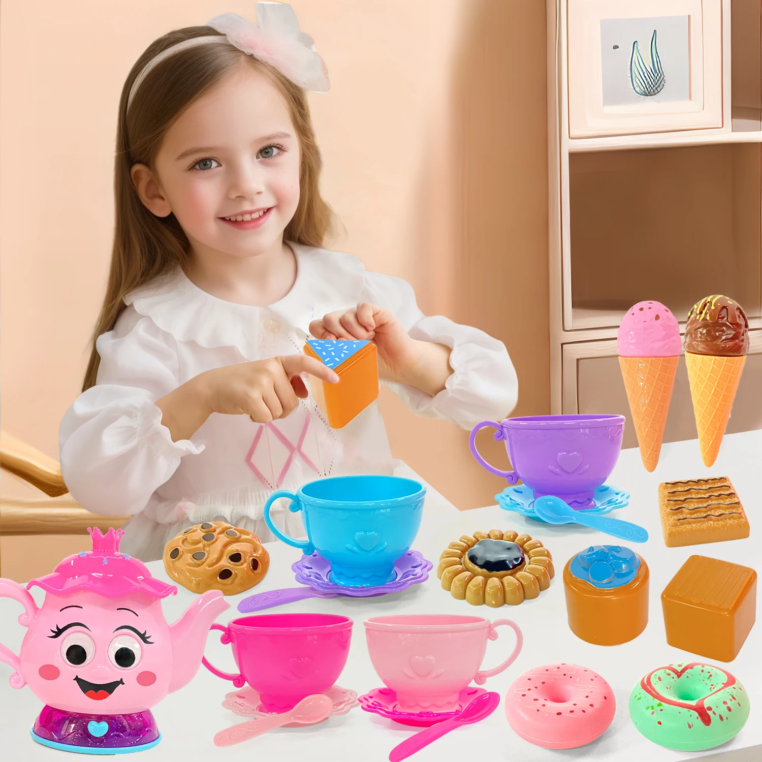 23 PCS Zestaw na podwieczorek dla małych dziewczynek 3-5 lat z czajniczkiem Filiżanka do herbaty Muzyka i światło Zabawka do zabawy w jedzenie Akcesoria kuchenne dla dzieci