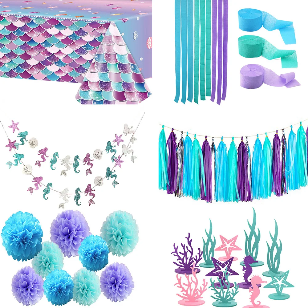 Blue Purple Mermaid Banners Girls Birthday Party Decorations Under The Sea Party Tablecloth Paper Tassel Dots Hanging Garlands